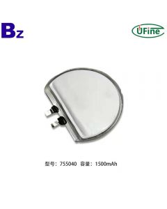 맞춤형 고용량 특수 모양의 원형 Lipo 배터리 BZ 755040 1500mAh 3.7V 충전식 리튬 폴리머 배터리