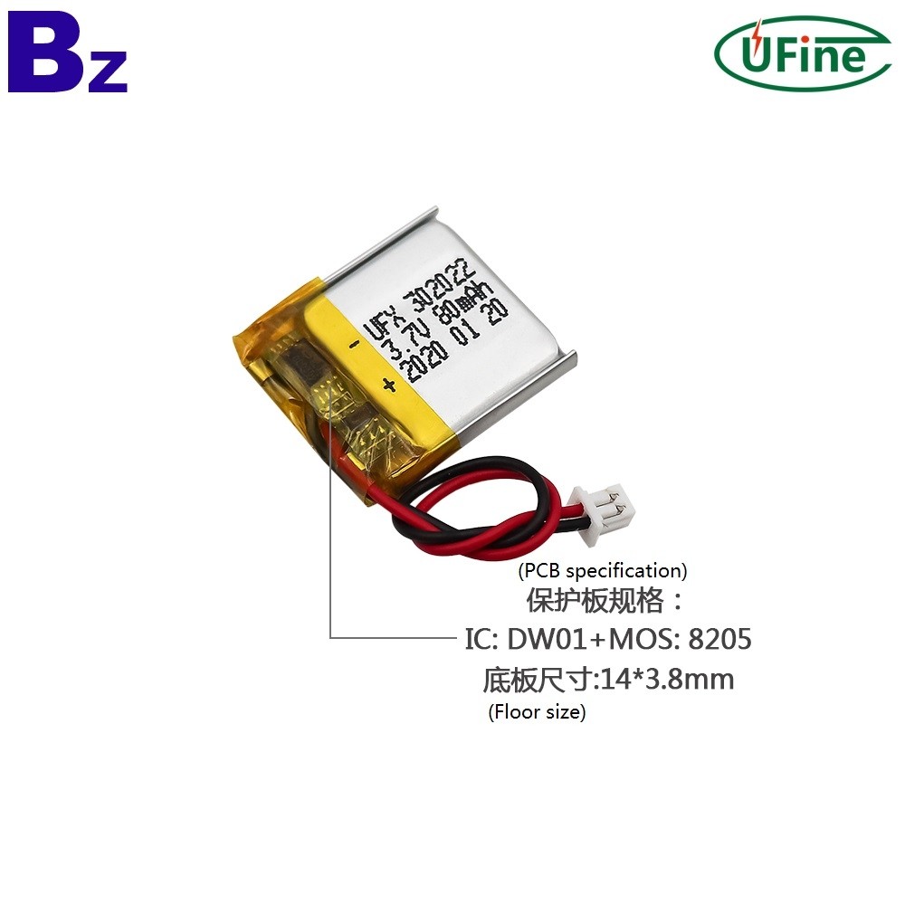 302022 3.7V 80mAh 리튬 폴리머 배터리 302022 3.7V 80mAh 리튬 폴리머 배터리