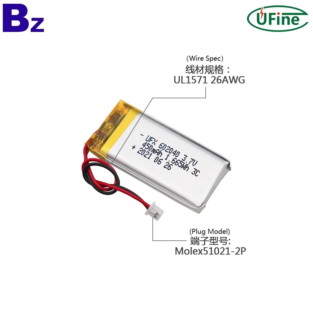 602040 3.7V 450mAh 3C 리튬 폴리머 배터리